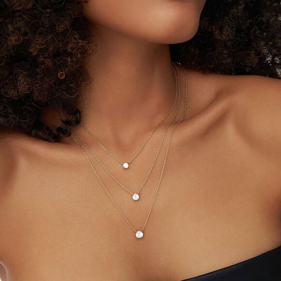 14k Gold Plated Cubic Zirconia Diamond Pendant Necklace Dainty Simple Gold Choke - Picture 6 of 7